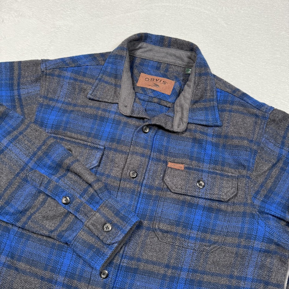 Orvis Shirt Mens Medium Blue Gray Plaid Flannel Double Chest Pockets‎ Casual